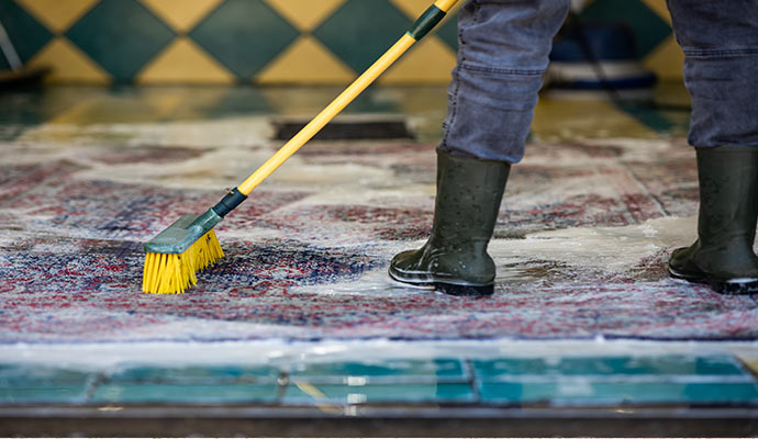 After dusting, the worker washes the rug.