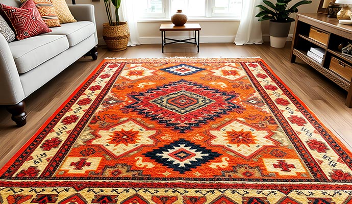 A clean patterned rug placed on a beautiful living room floor