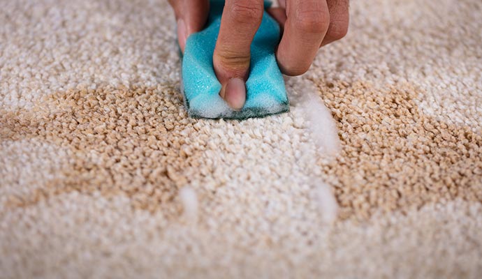 A person is removing stain from area rug