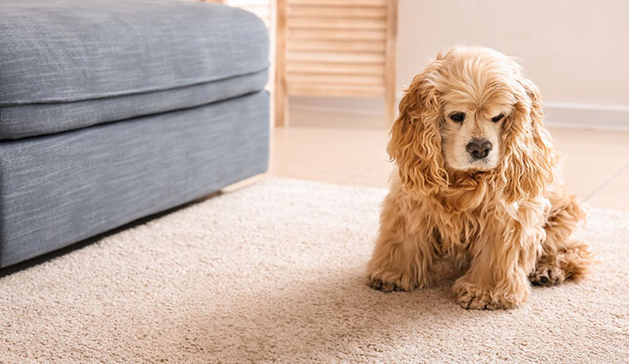 A pet is sitting on a rug