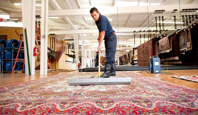 A Dalworth Rug Cleaning profesisonal using a long-handled squeegee tool to clean a rug