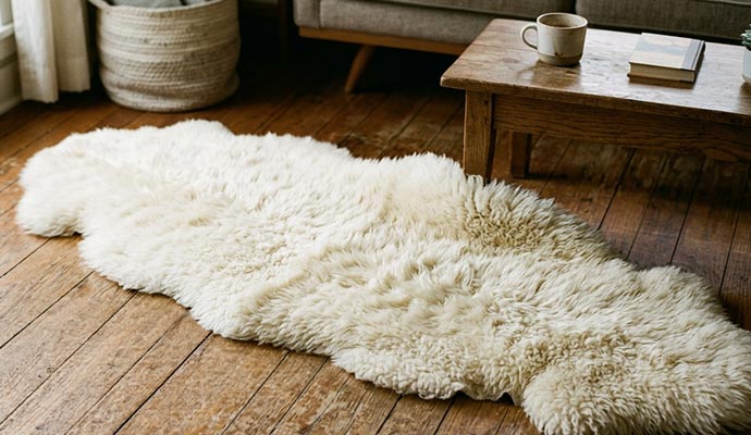 A stained sheepskin rug laid out on a hardwood floor