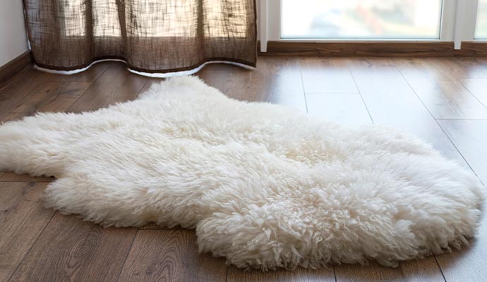 A white Sheepskin rug laid out on a plywood floor