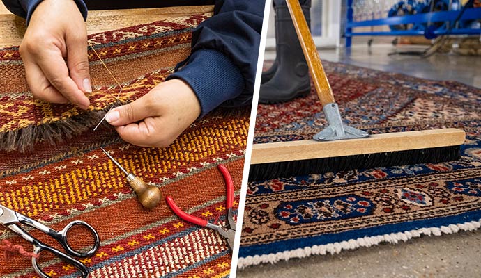 A split image showing a professional repairing a rug with specialized tools and another deep cleaning a rug with a brush