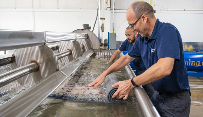 Rug cleaning using a professional washing machine in a factory setting