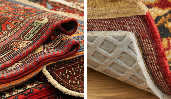 Collage of fiber-protected rug and rug with pad for protection