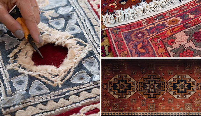 Collage of hole in a rug, patched rug and fire damaged rug