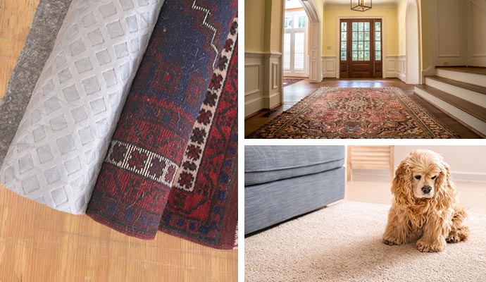 Collage of rug pads, cleaned rug, and pet on the rug
