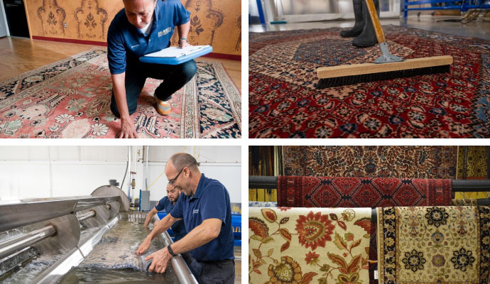 Collage of professional rug treatment services including inspection, dusting, washing and drying