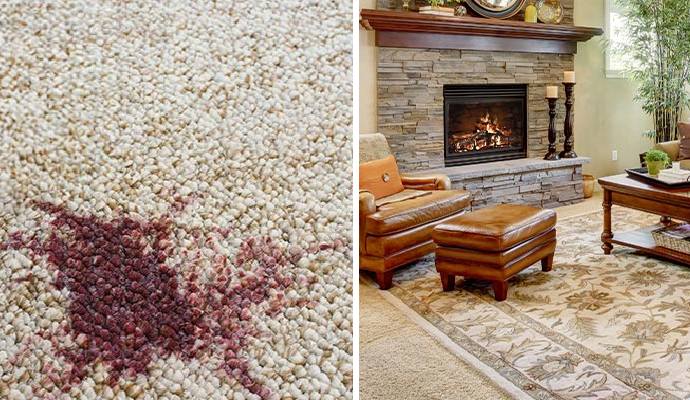 Collage of stain on rug and clean area rug