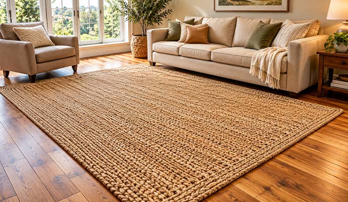 Chunky woven jute area rug on hardwood flooring in a spacious living room
