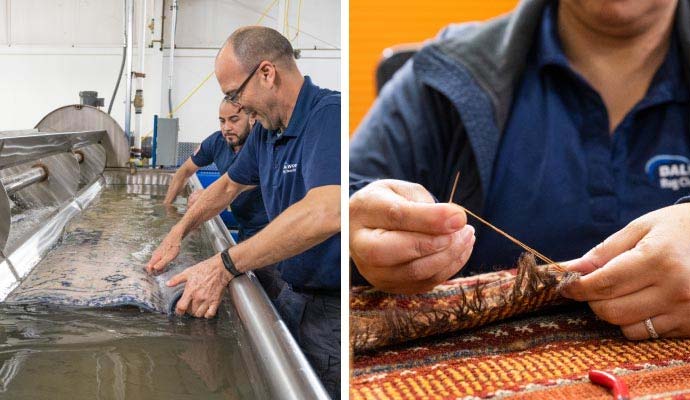 Collage of technicians washing an area rug and repairing rug fringe