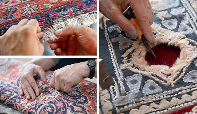 Collage of professional rug fringe repair, patching, and restoration