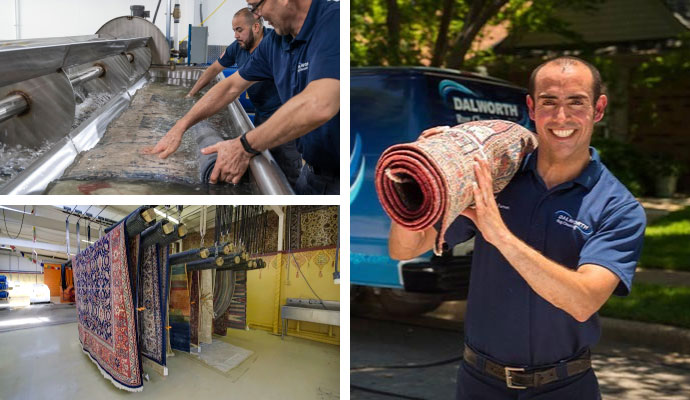 Collage of chinese rug cleaning, drying and delivery processes