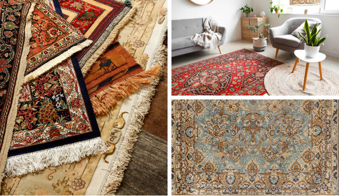Collage of silk, persian, and antique rug
