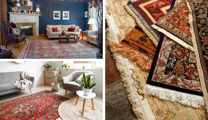 Collage of oriental, persian and silk rug