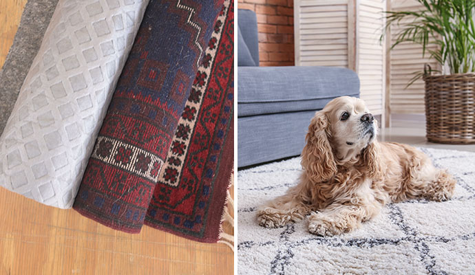 Collage of rolled up rug pads beside a rug and a pet sitting on a rug