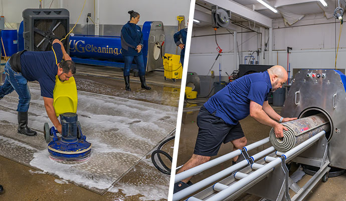 Collage of rug cleaning processes