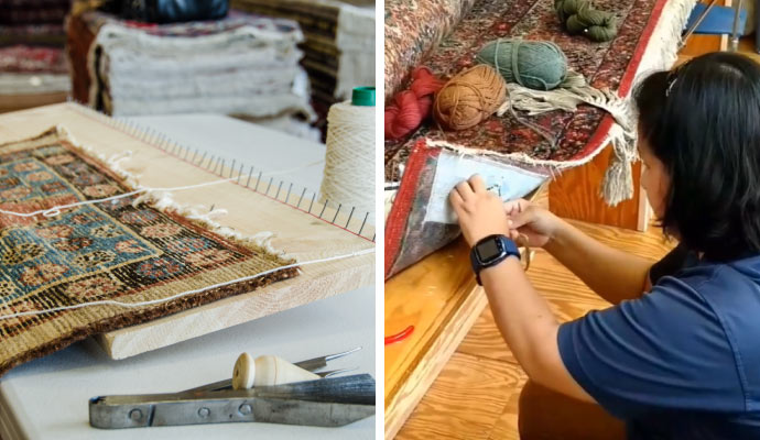 Collage of rug fringe repair and hole repair