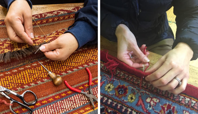Collage of rug fringe repair and rug serging