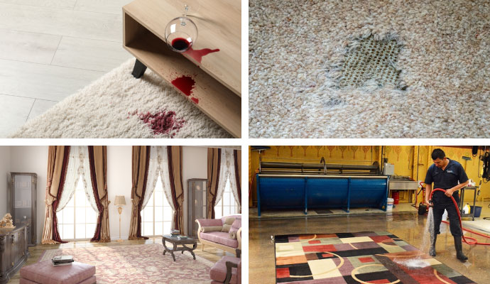 Collage of stained, moth-damaged, UV-protected rugs and rug cleaning service