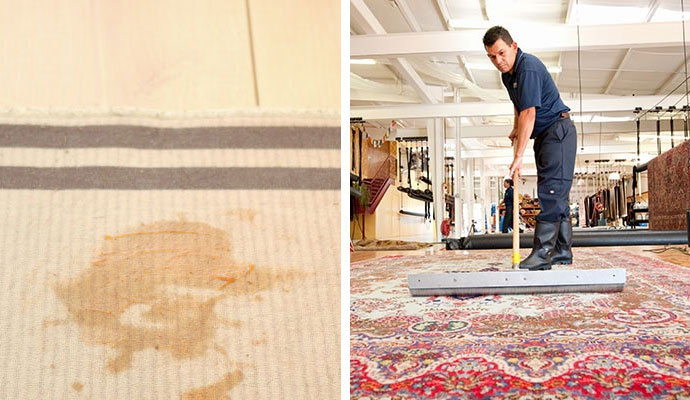Collage of stained rug and professional rug cleaning service