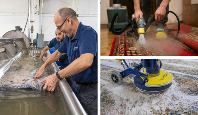 Collage of rug wet cleaning, steam cleaning, and deep cleaning services