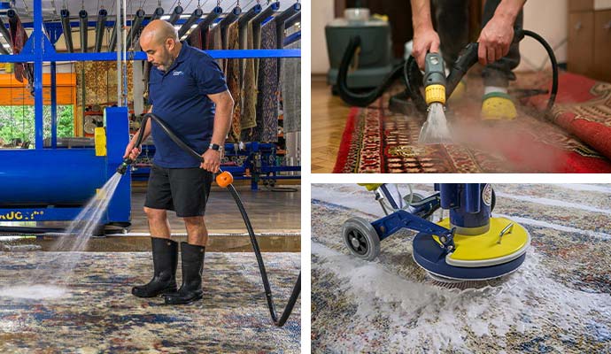 Collage of wet, steam, and deep cleaning services for different rug types