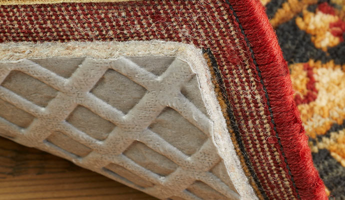 A close-up of a high-quality non-slip rug pad installed under a decorative red rug for floor protection