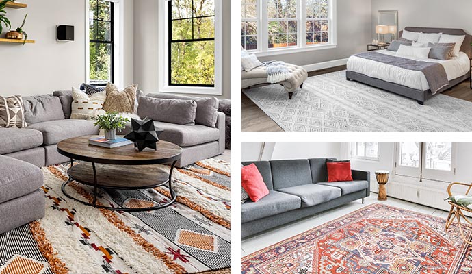 Collage of different type rug placed in room