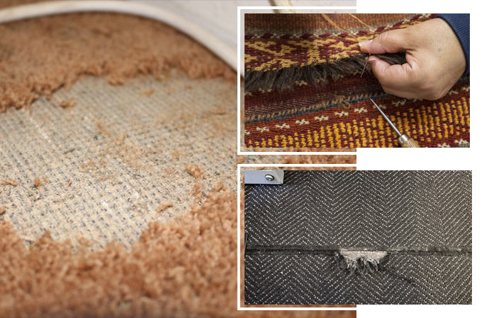 various types of rug damage, showcasing stains, tears, and wear.