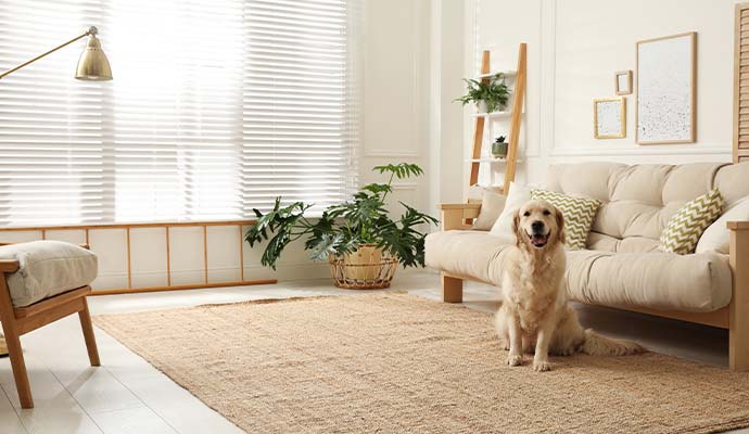 Golden retriever sitting on a natural jute rug in a living room