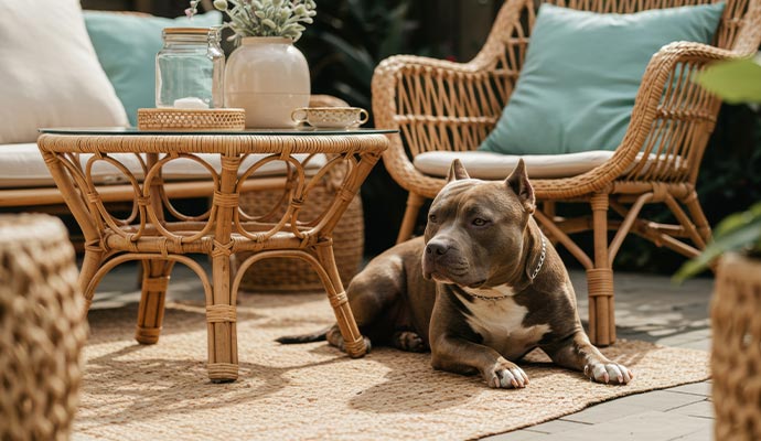 Dog sitting on outdoor rug