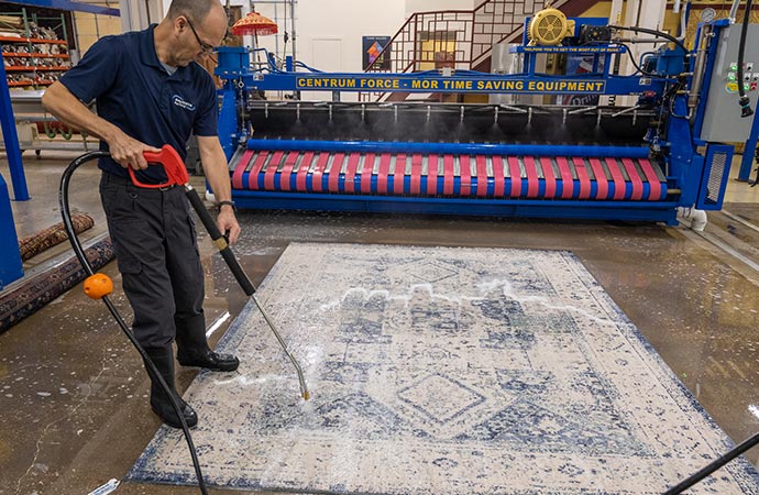 An expert steam cleans a rug. 