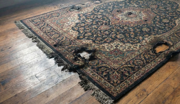 Fire damaged rug with a visible hole
