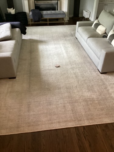 A large neutral living room area rug treated for nap distortion and specialized fiber repair.