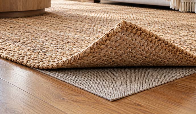 Corner of a jute rug lifted to show the non-slip rug pad underneath