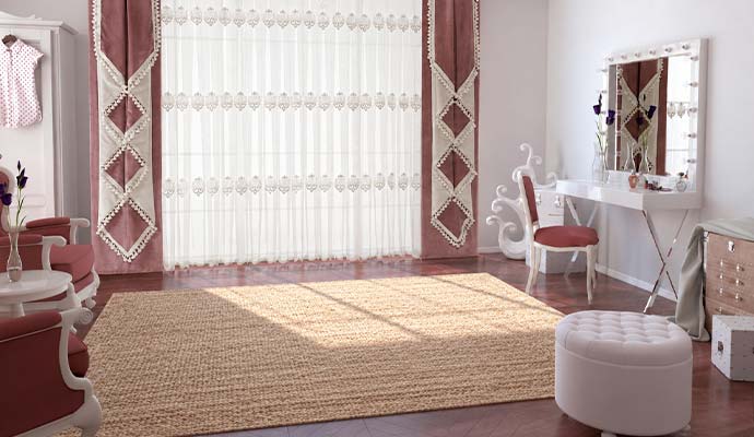 Woven jute rug in a sunlit room with sunlight exposure
