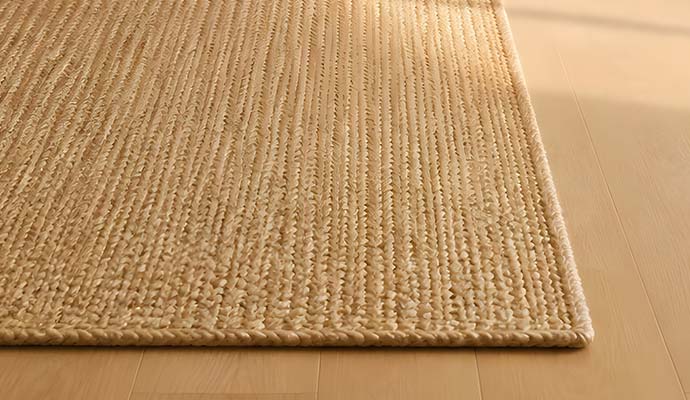 Close-up view of woven jute rug edge and braided border