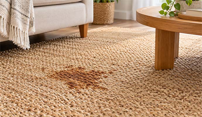 Liquid stain on a woven jute area rug