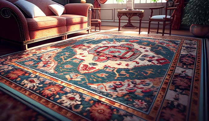 Persian area rug with intricate medallion design in a living room