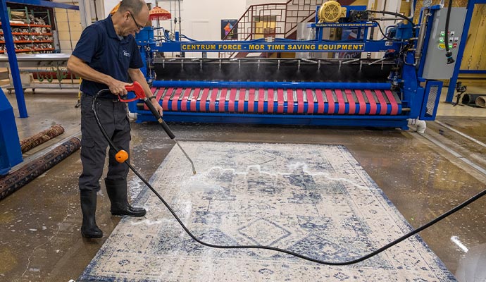 worker cleaning rug professionally
