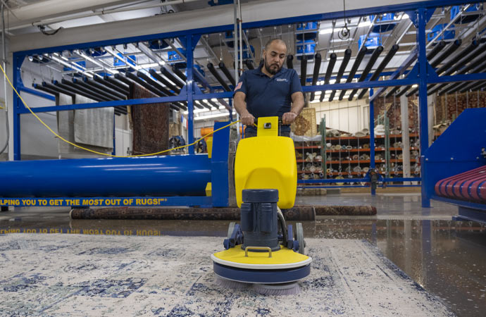 Professionals cleaning a rug with professional equipment.