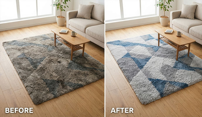 Before and after comparison of a dirty and professionally deep cleaned rug