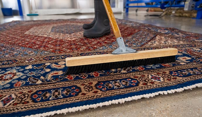 Close-up of a specialist using a professional grooming brush to prepare delicate rug fibers for the cleaning process.