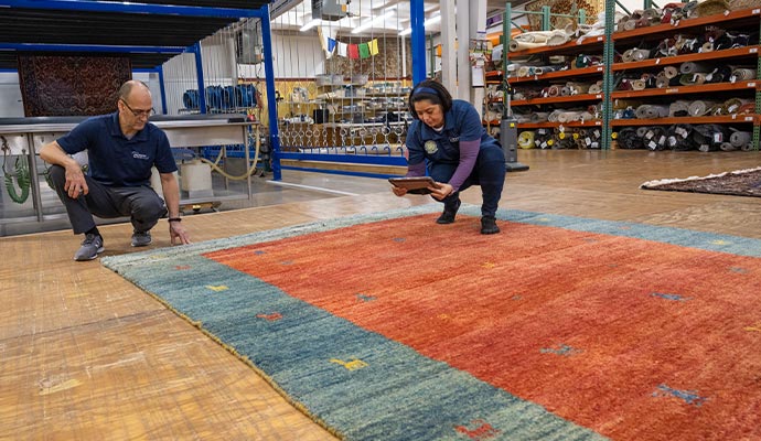 Professional inspecting rug color after correction