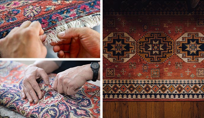 Collage of fringe, backing repairing, and fire damaged rug repair
