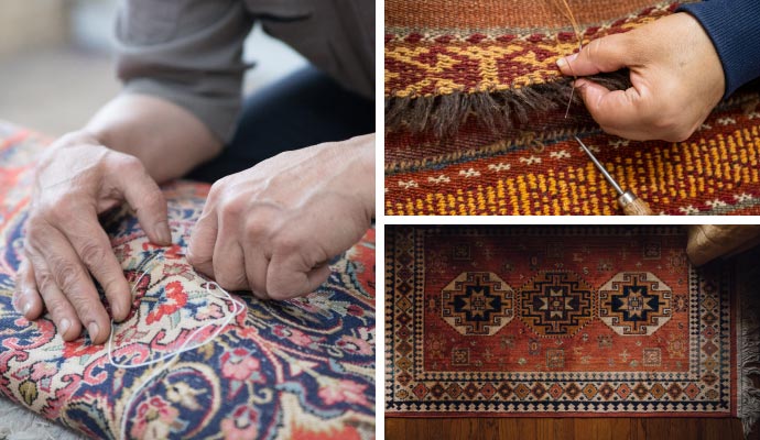 Collage of rug repair service with a repaired rug
