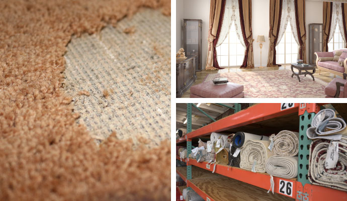Collage of moth-damaged, UV-protected, and rolled rugs