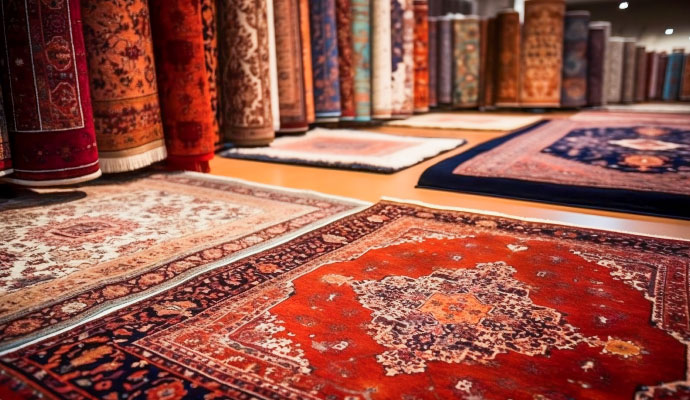 Colorful rugs stored in a storage facility